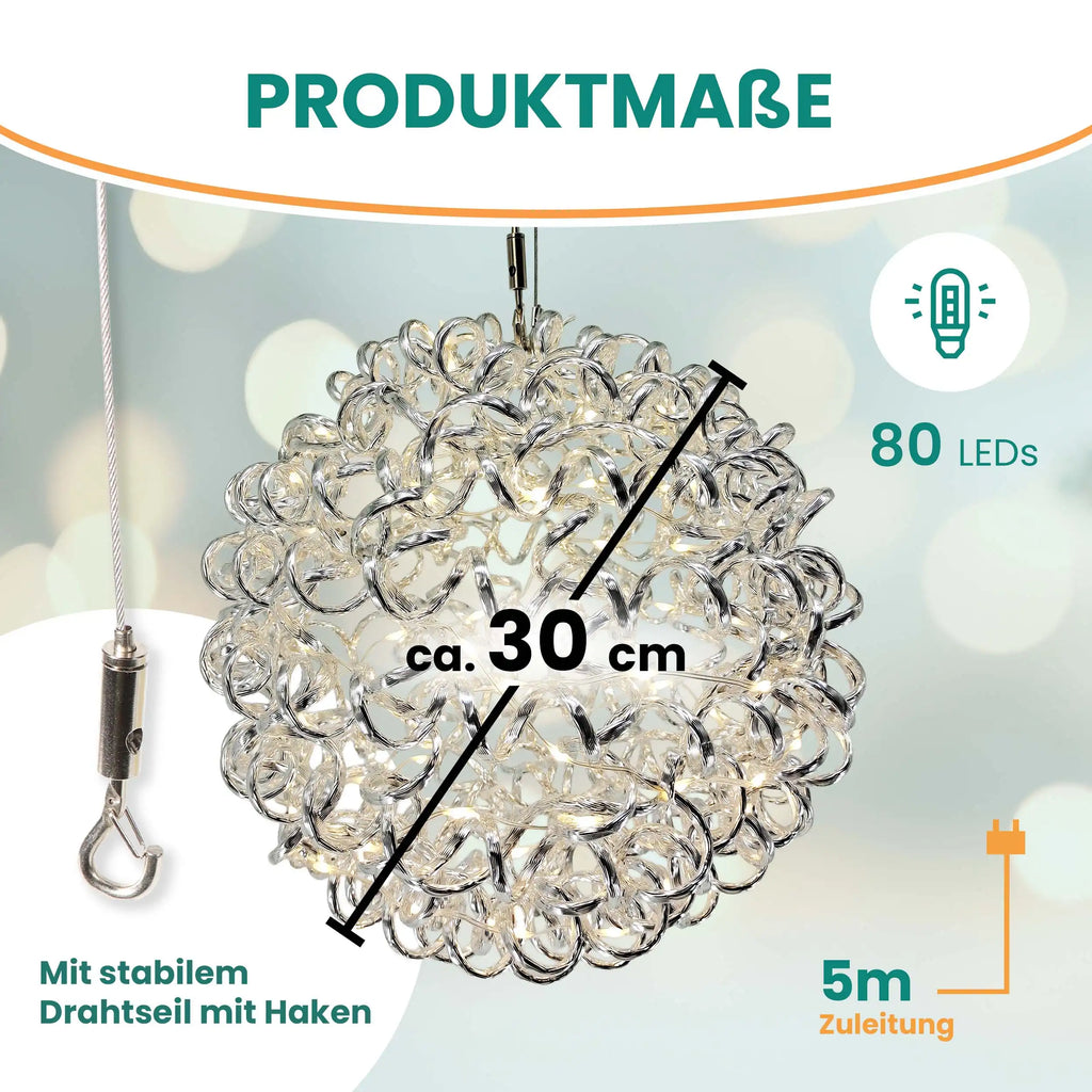 3D Drahtkugel Aluminium Ø 30 cm mit 80 LED warmweiß Timer-Funktion IP44