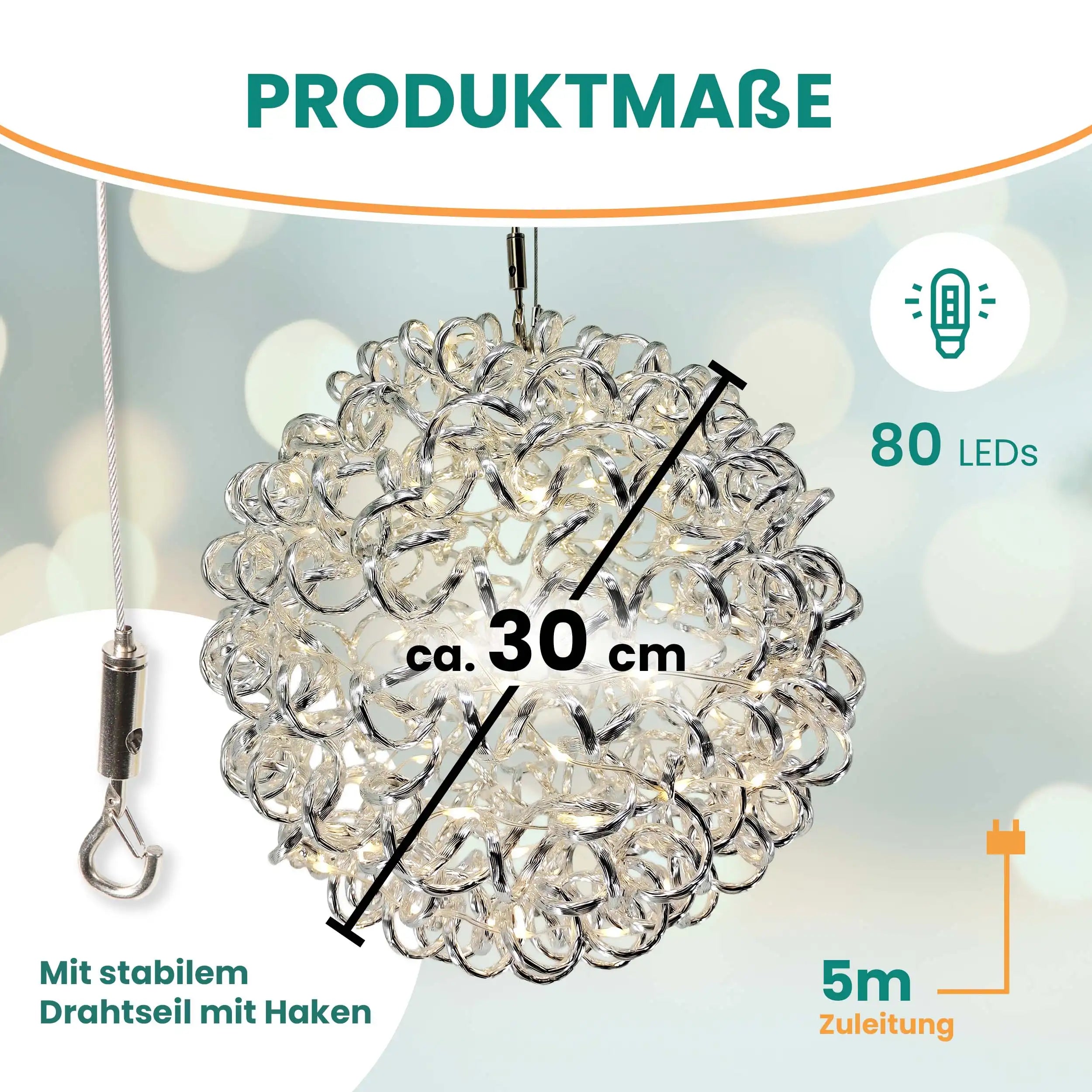 3D Drahtkugel Aluminium Ø 30 cm mit 80 LED warmweiß Timer-Funktion IP44